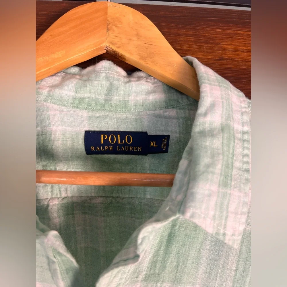Polo Ralph Lauren Linen‎ Light Green and White Plaid Men's XL Long Sleeve Shirt